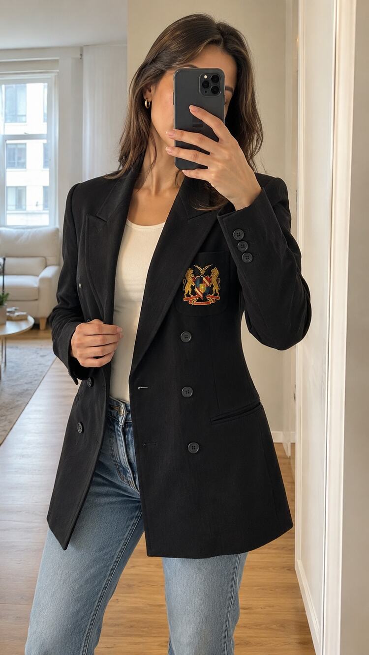Vintage 80s 90s Double Breasted Blazer Black Crest Patch Peak Lapel Womens Sz 4